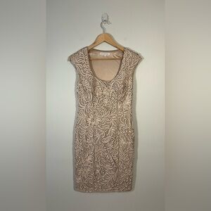Sue Wong Floral Embroidered Sheath Dress Tan Gold Black Size 4